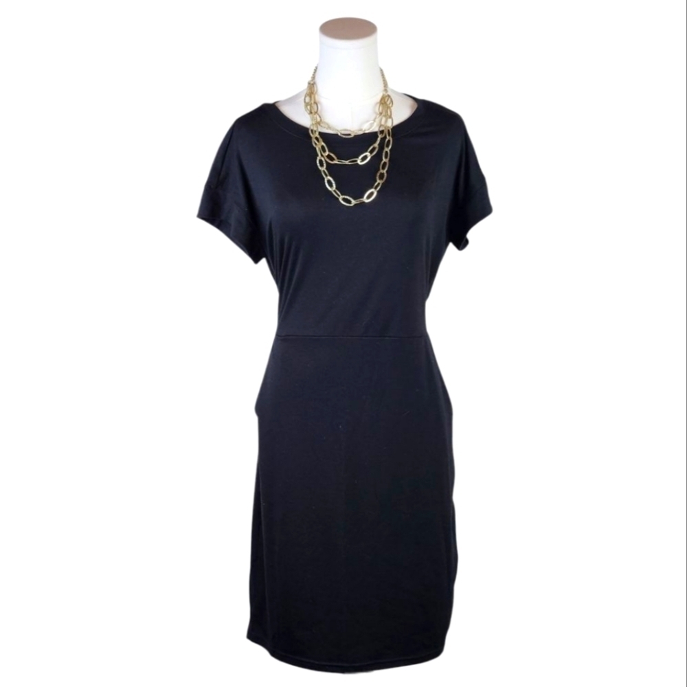 MEROKEETY Black Belted T-Shirt Dress M Soft Pockets Versatile Minimalist Chic